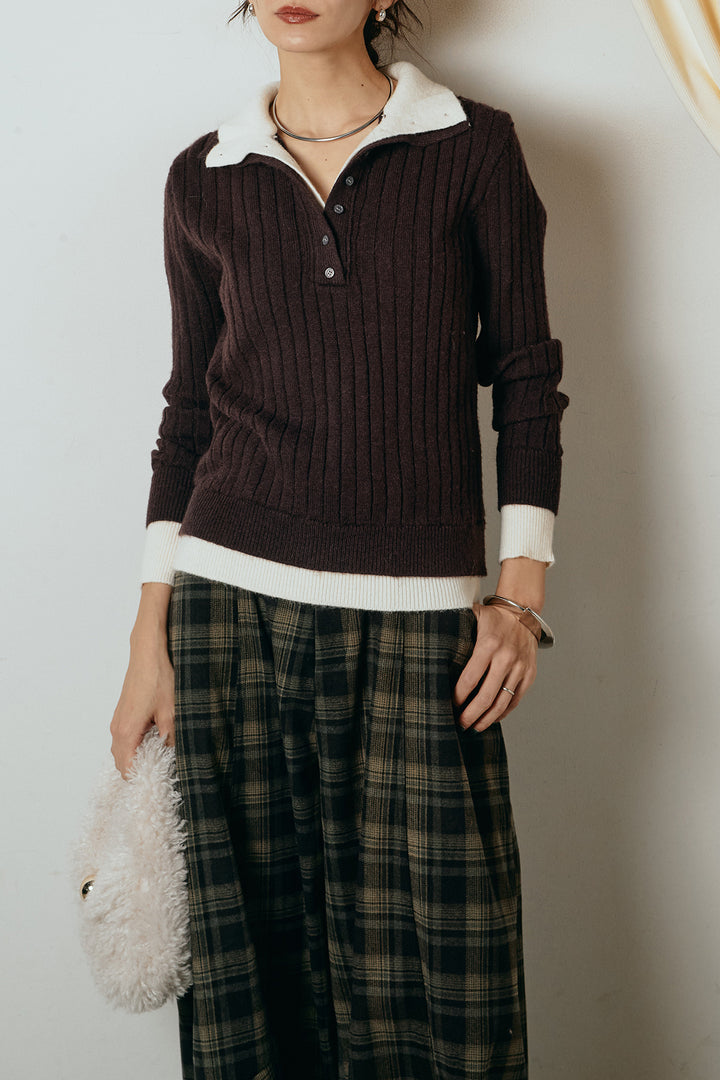 [SET]レイヤード風リブニットトップス+ベルト付きタータンチェックカーブワイドパンツ(2set)