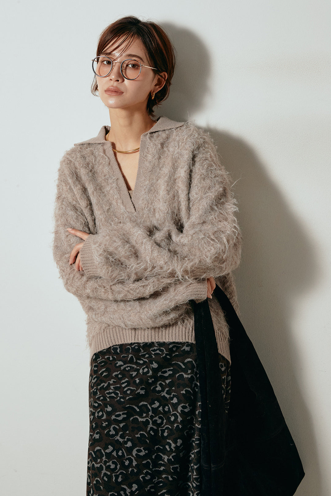 [SET]襟付きシャギーニットポロトップス+レオパードロングスカート(2set)