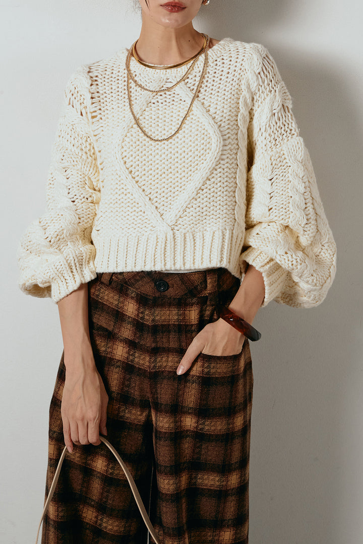 [SET]ロービングケーブルショート丈プルオーバー+ルーズタータンチェックワイドパンツ(2set)