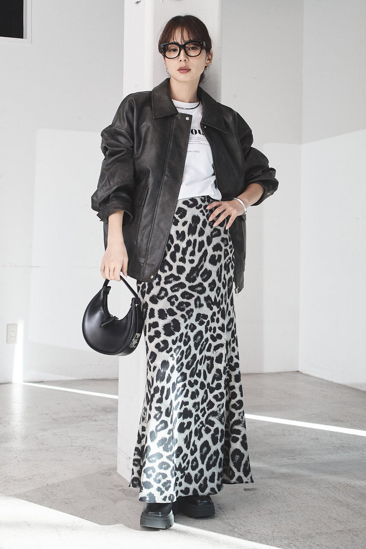 [SET]レザーライクオーバーサイズブルゾン+レオパードサテンナロースカート(2set)