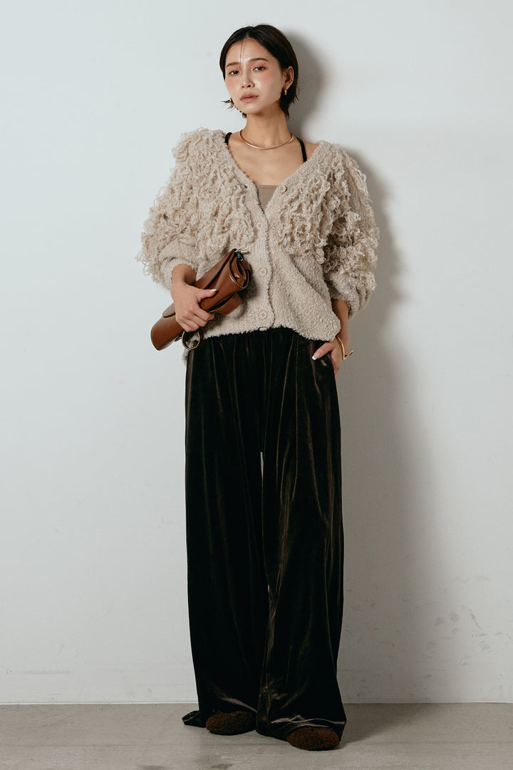 [SET]ループ編みVネックニットカーディガン+ベロアサスペンダー付きパンツ(2set)