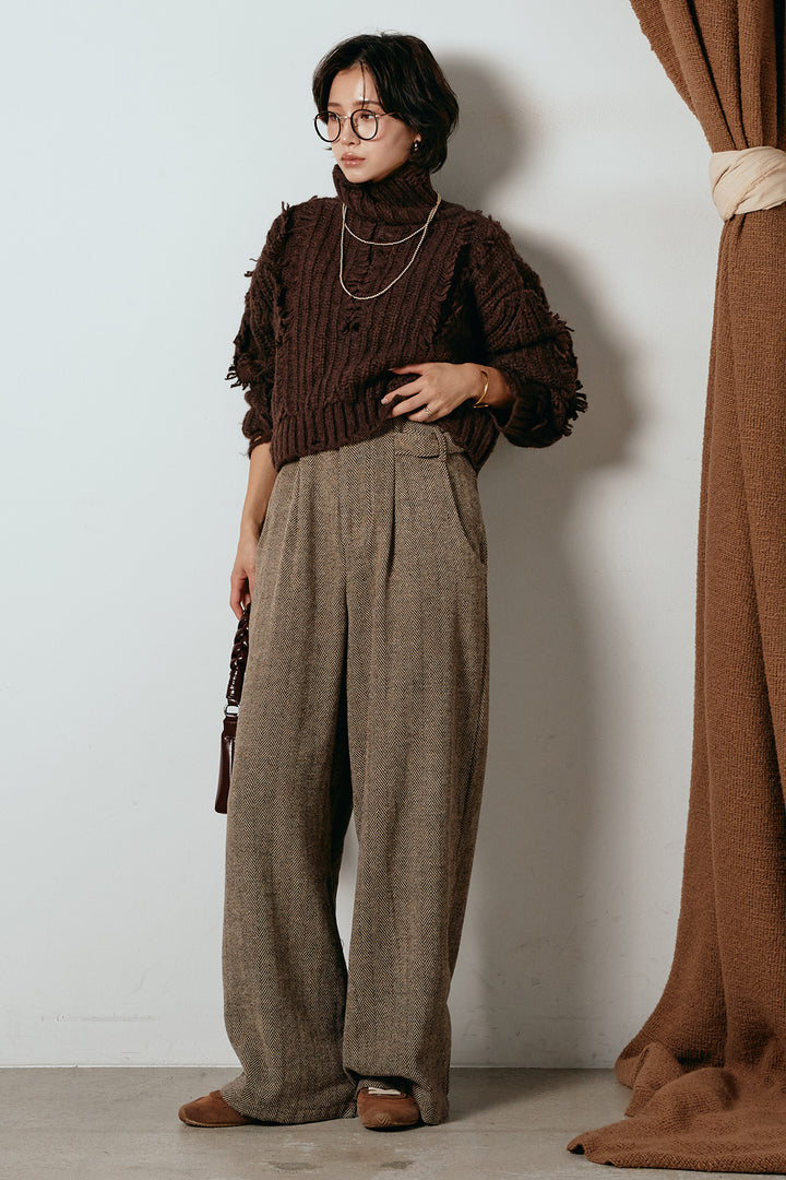 [SET]フリンジタートルショートニット+クラシックヘリンボーンサロペット(2set)