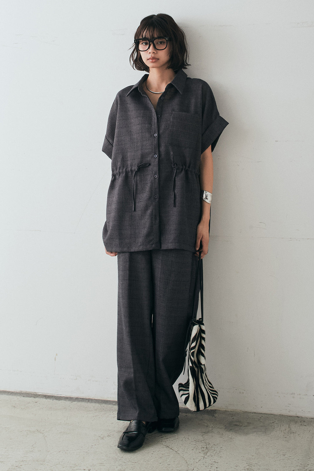 [SET]ツイードウエストドロストシャツ+ツイードタックパンツ(2set)