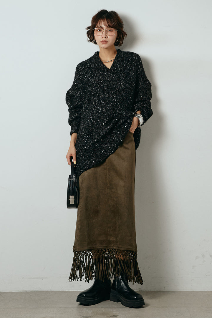 [SET]Vネックラメニットトップス+スウェードライク裾フリンジスカート(2set)