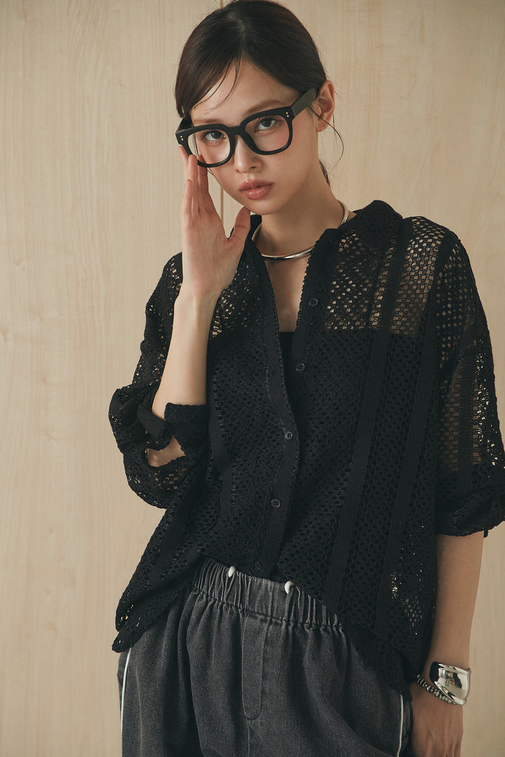 [SET]長袖襟付きレースシャツ+ドロストサイドラインデニムパンツ(2set)