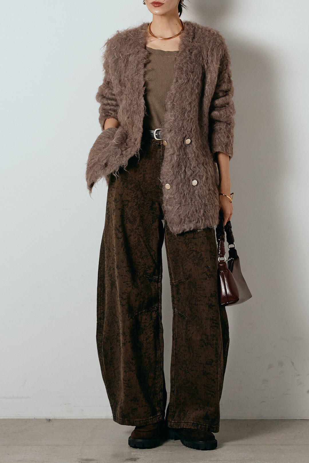 [SET]ウェーブシャギーニットジャケット+ベルト付きニュアンス柄カーブワイドパンツ(2set)