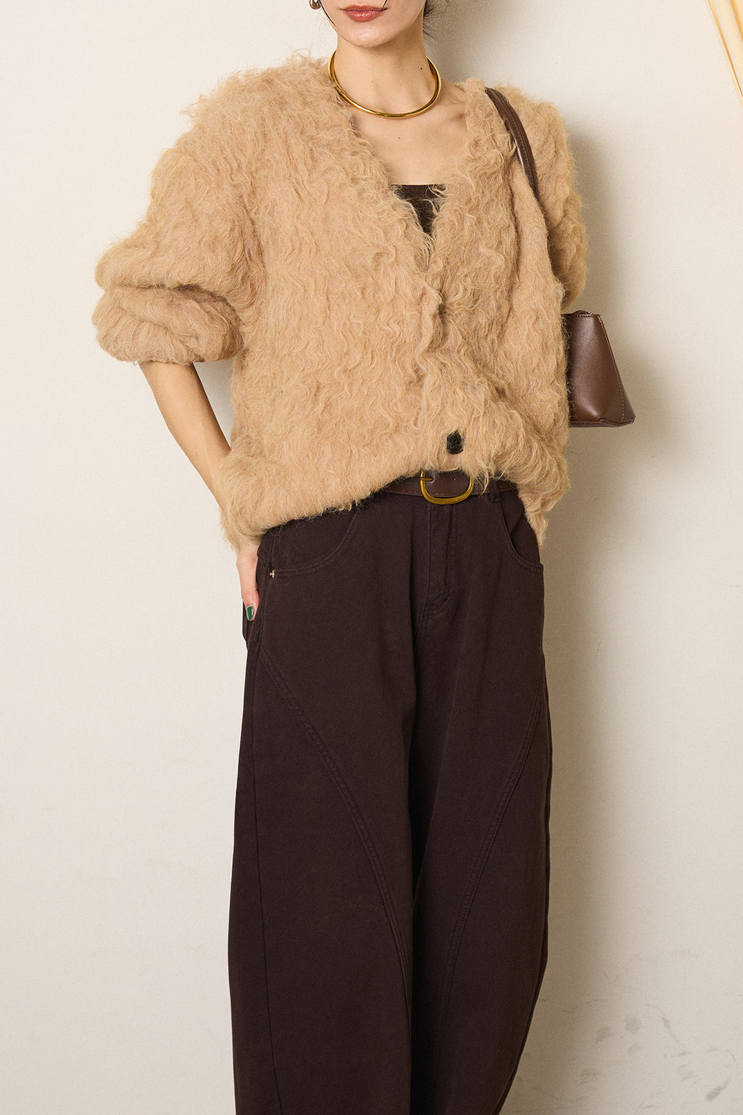 [SET]起毛シャギーニットカーディガン+ベルト付きカジュアルカーブワイドパンツ(2set)