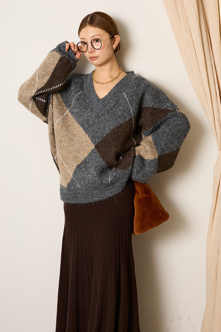 【着回しセット】[SET]ルーズアーガイルVネックニット+ルーズアーガイルVネックニット+編み地切り替えフレアニットスカート(3set)