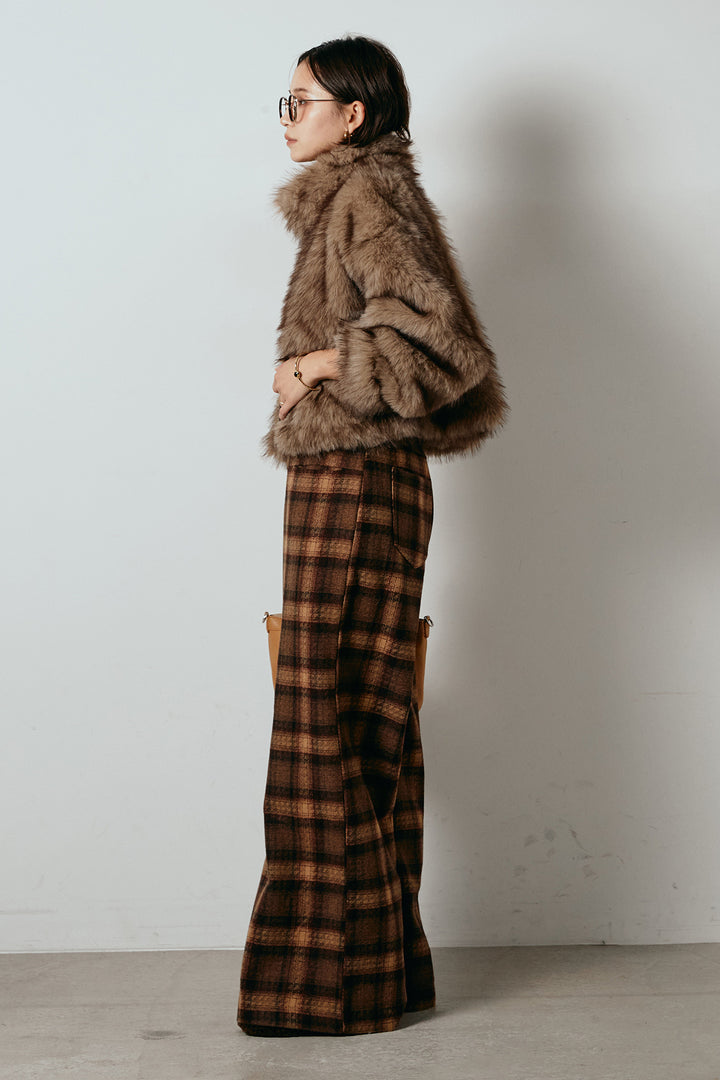 [SET]エコファーショート丈ブルゾン+ルーズタータンチェックワイドパンツ(2set)