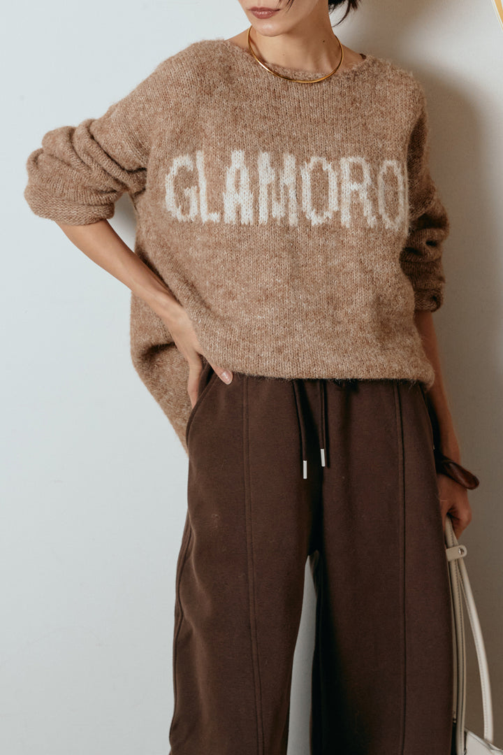 [SET]フロントロゴデザインニットトップス+スウェットワイドカーブパンツ(2set)