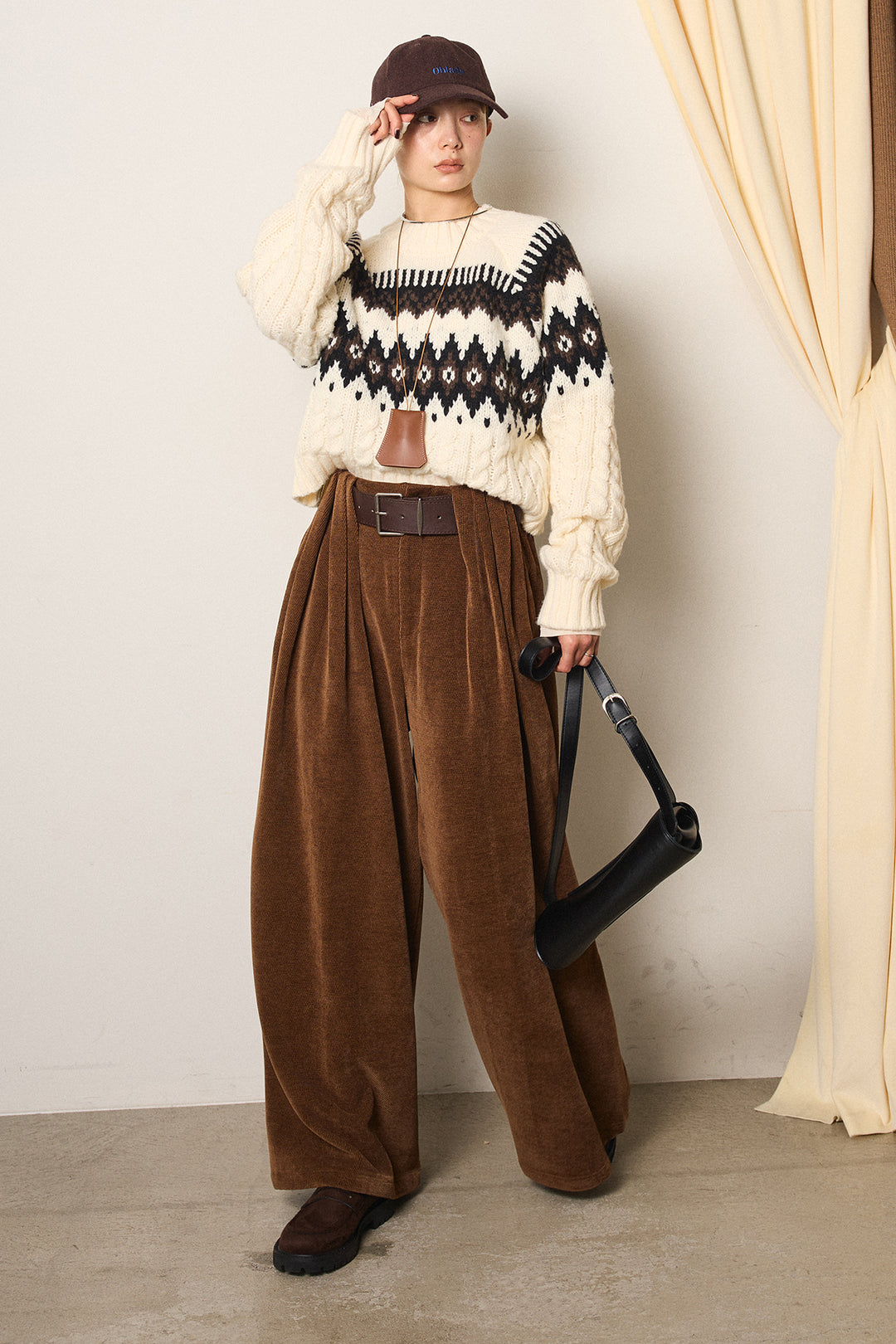 [SET]2WAY求心柄ジャガードショートカーディガン+ベルトループコーデュロイワイドパンツ(2set)