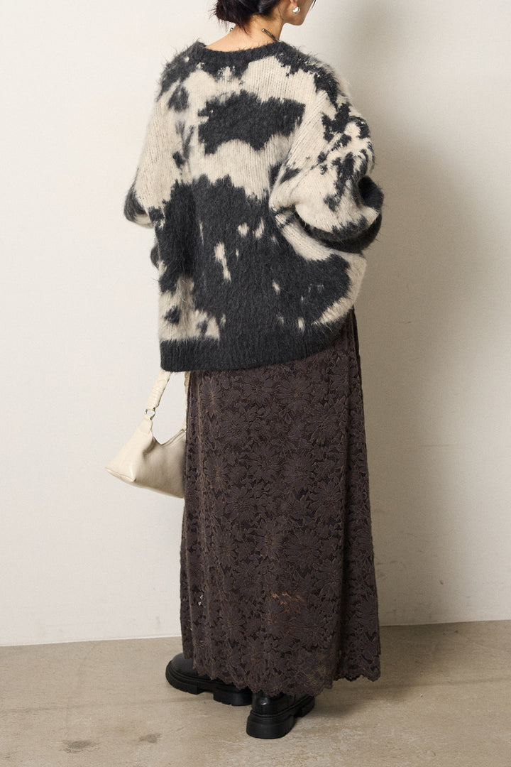 [SET]モヘアタッチマーブルニット+花柄刺繍ベロアフレアスカート(2set)