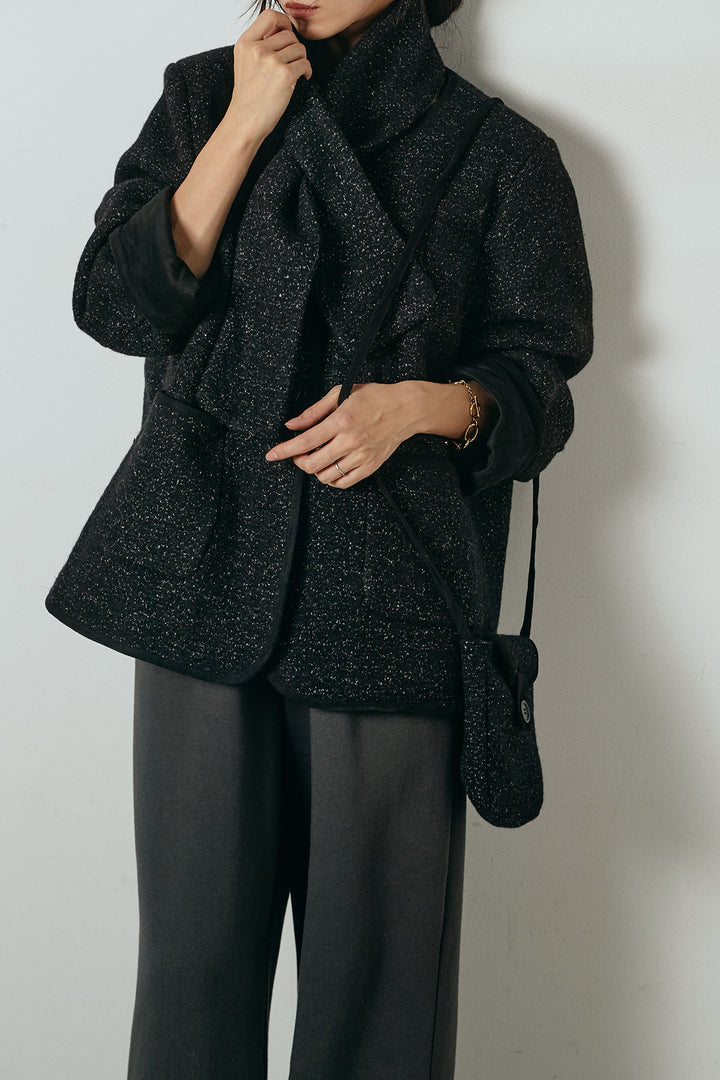 [SET]ノーカラーマフラーバッグ付きアウター+裏起毛スウェットワイドパンツ(2set)