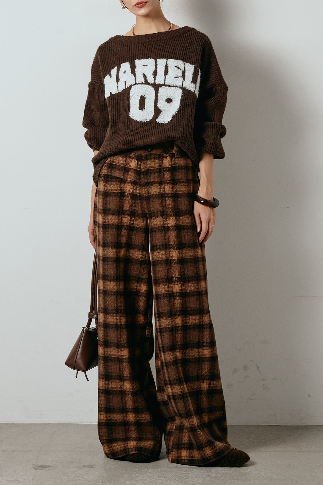 [SET]ロゴジャガードニットトップス+ルーズタータンチェックワイドパンツ(2set)
