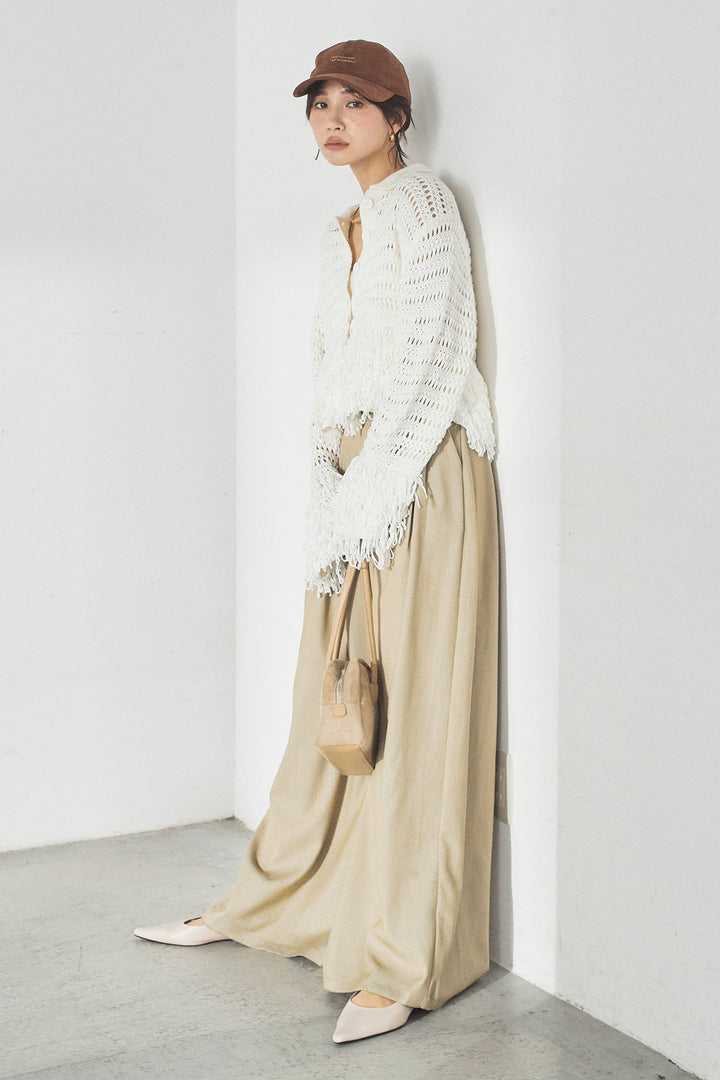 [SET]メッシュフリンジカーディガン+編みベルト付きウエストタックワイドパンツ(2set)