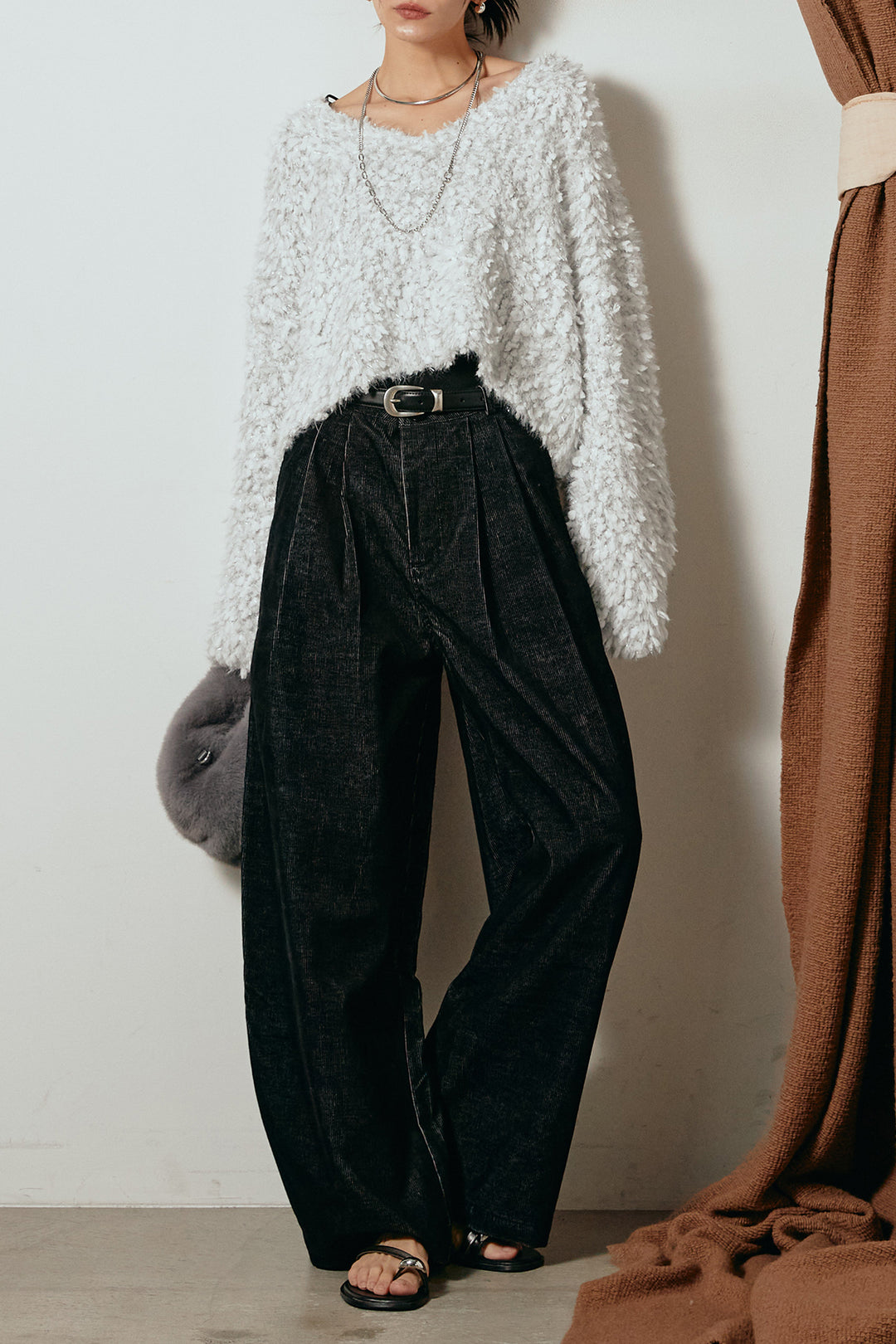 [SET]深Vネックチョウチョヤーンニットトップス+フロントタック入りコーデュロイパンツ(2set)