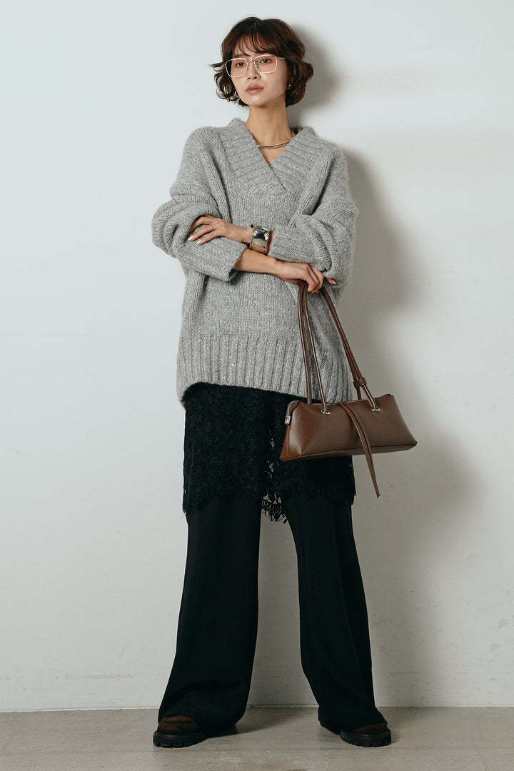 [SET]Vネックラメニットトップス+レース刺繍レイヤードフレアパンツ(2set)