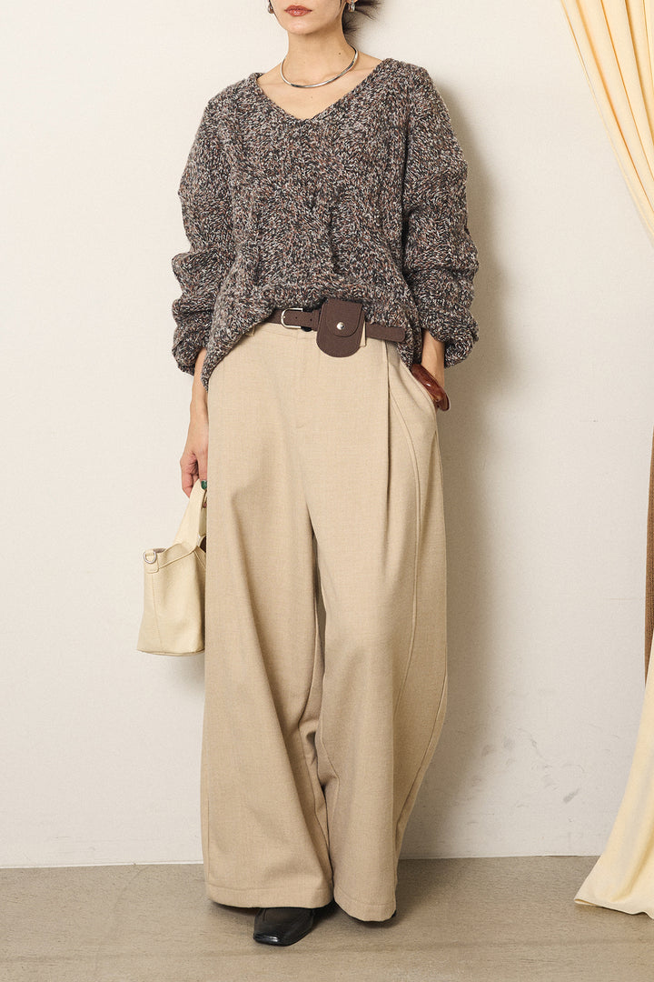 [SET]Vネックミックス編みニットトップス+ポーチベルト付きカーブパンツ(2set)