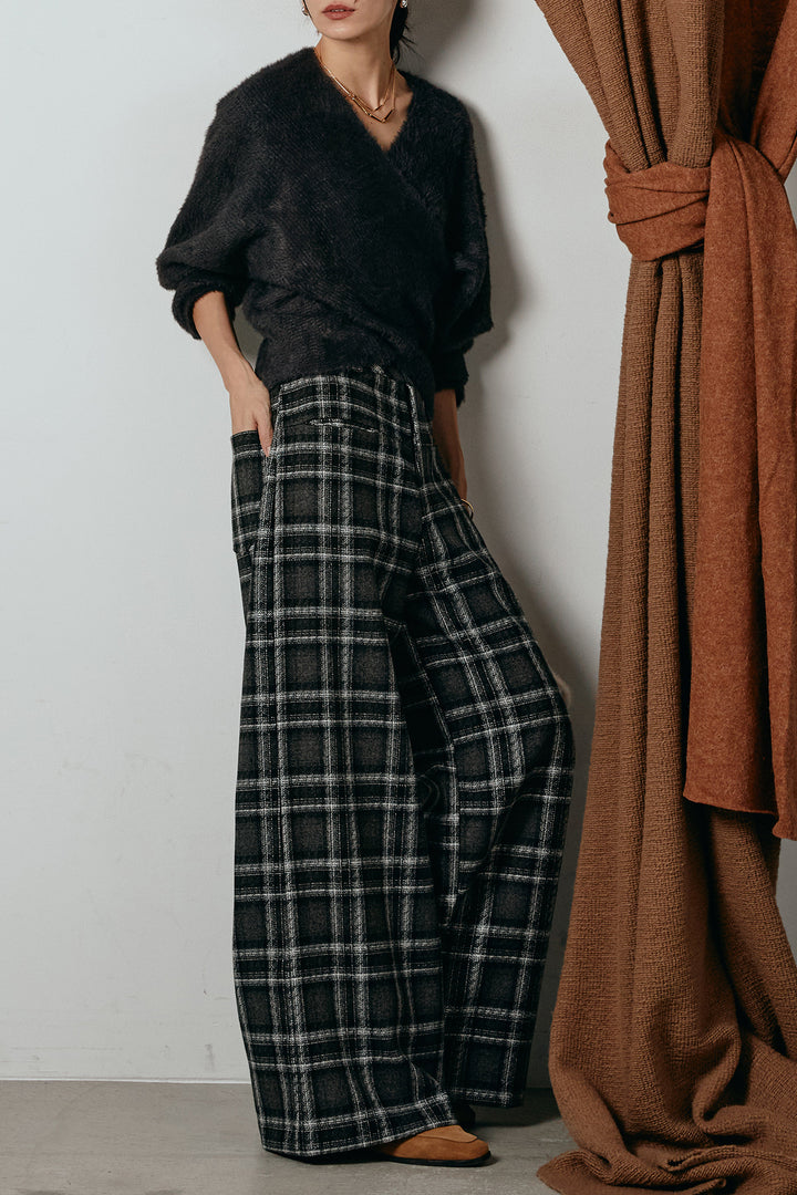 [SET]シャギーカシュクールニットトップス+ルーズタータンチェックワイドパンツ(2set)