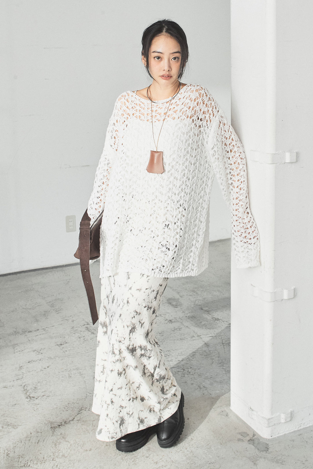 [SET]リラックスメッシュニットトップス+タイダイ柄ベロアワイドスカート(2set)