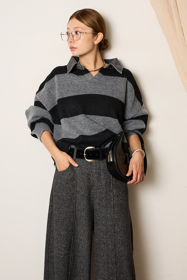 [SET]デニムカラーボーダールーズニット+太ベルト付きツイードワイドパンツ(2set)