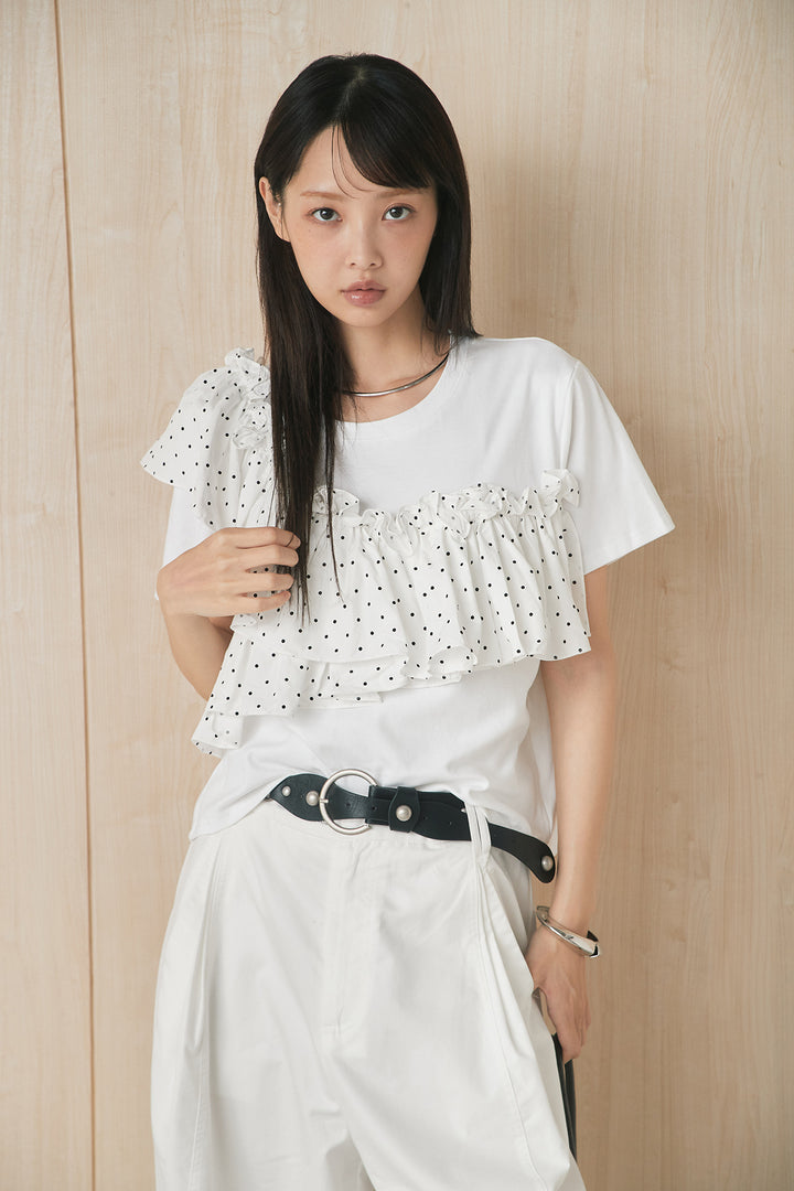 [SET]ドットアシメフリルデザインTシャツ+サークルバックルベルト付きタックワイドパンツ(2set)