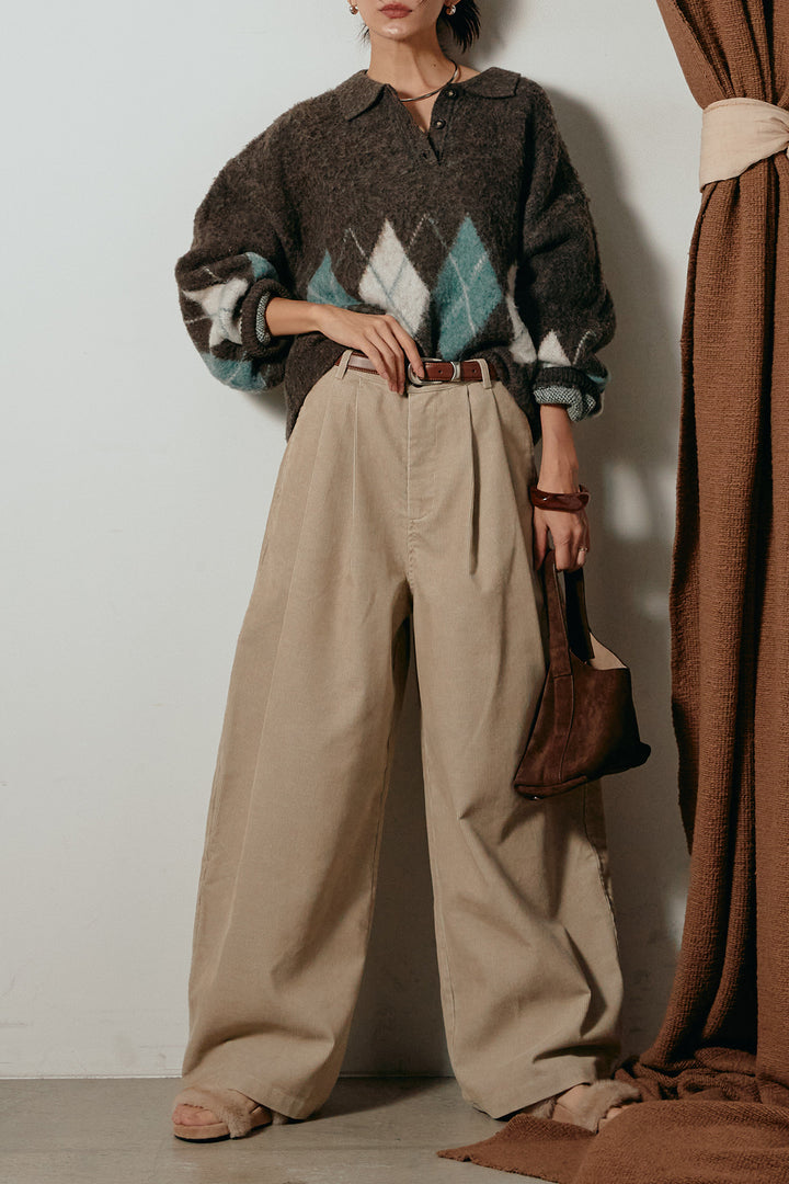 [SET]アーガイル柄ポロニットトップス+フロントタック入りコーデュロイパンツ(2set)