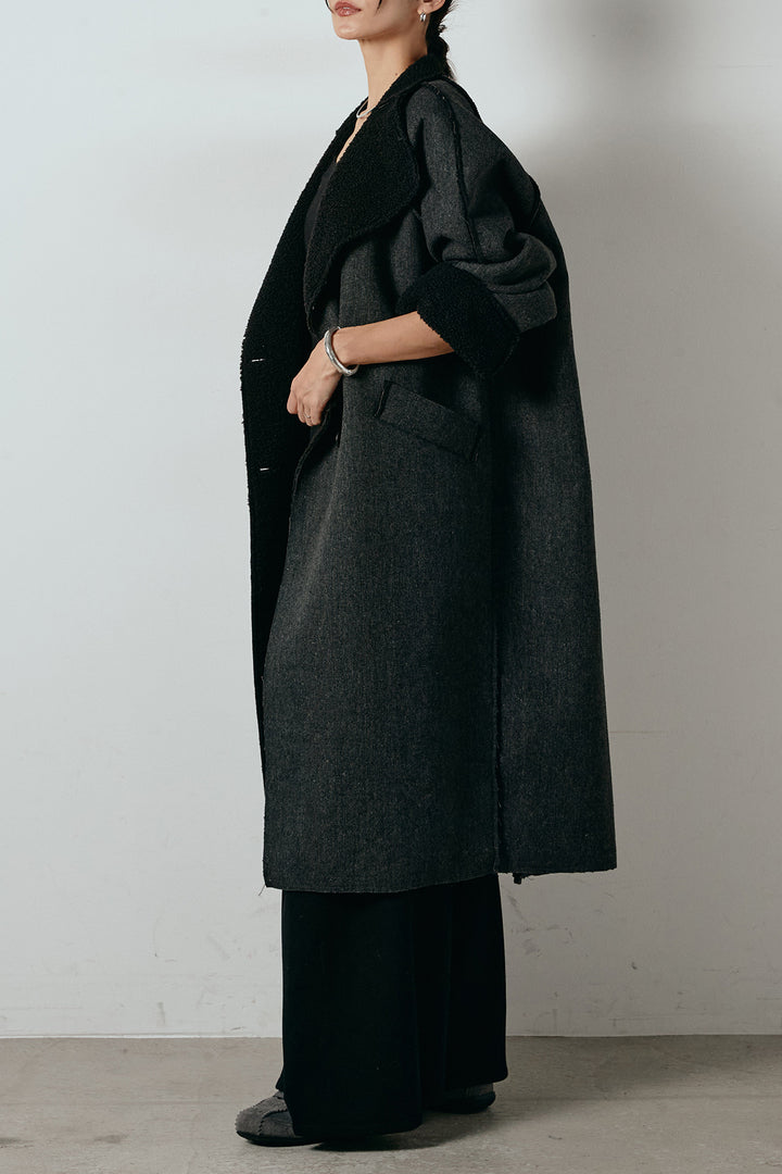 [SET]裏地ボアハイネックロングアウター+フェイクレザー太ベルト付きタックワイドパンツ(2set)