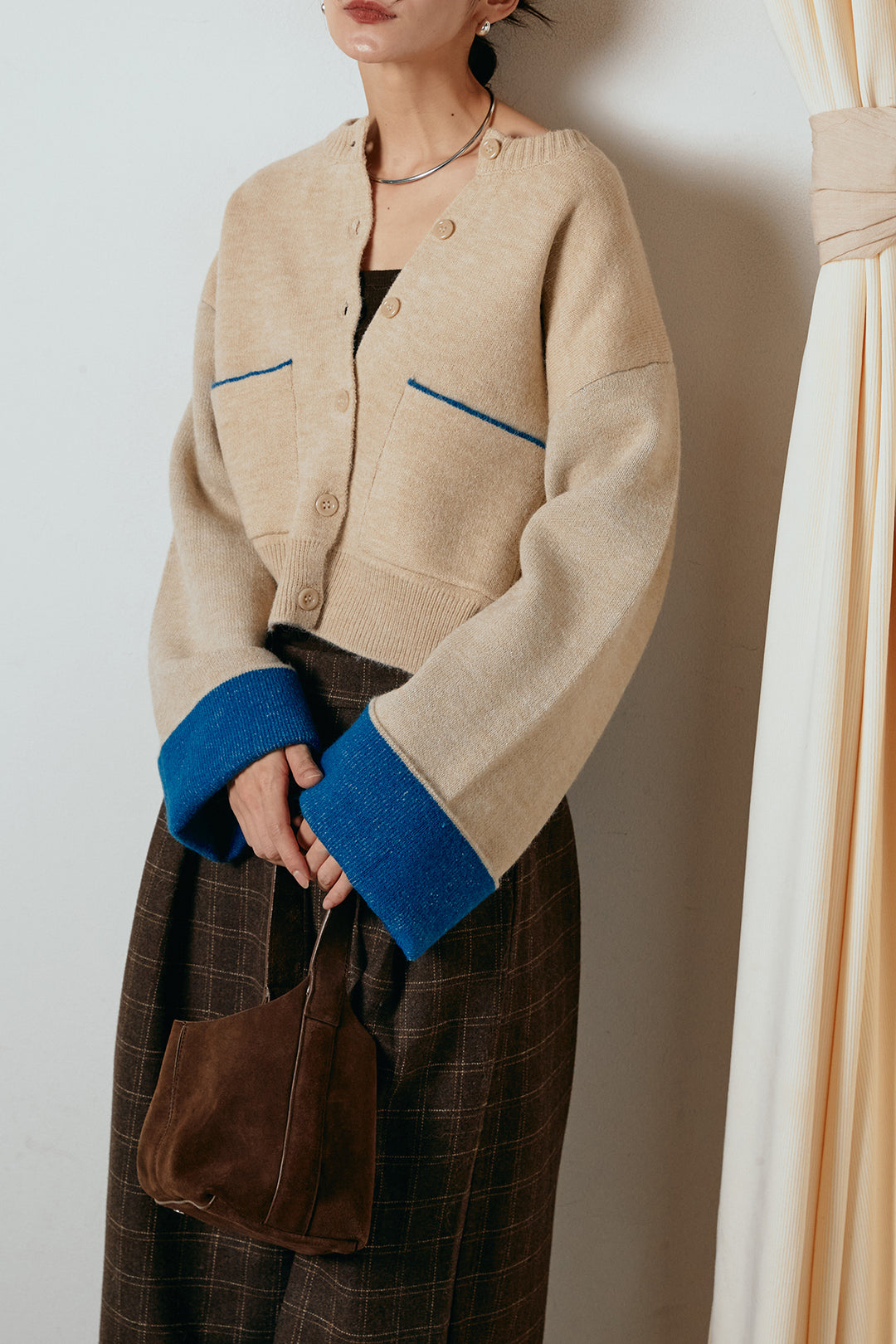 [SET]アルパカタッチダブルフェイスカーディガン+ウールライクチェックタックパンツ(2set)