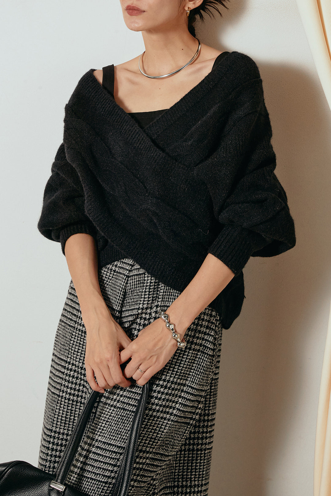 [SET]ケーブルカシュクールニットトップス+前後2wayグレンチェック柄スカーチョサロペット(2set)