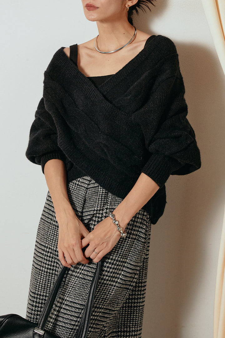 [SET]ケーブルカシュクールニットトップス+前後2wayグレンチェック柄スカーチョサロペット(2set)