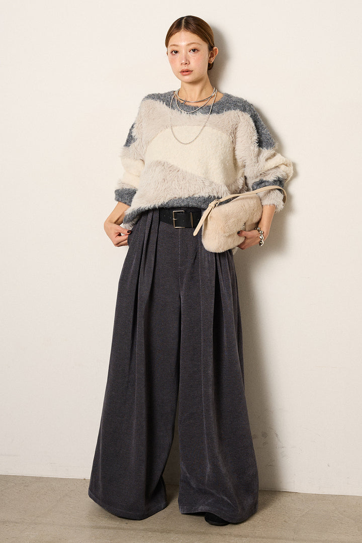 [SET]シャギーウェーブ柄クルーネックニットトップス+ベルトループコーデュロイワイドパンツ(2set)