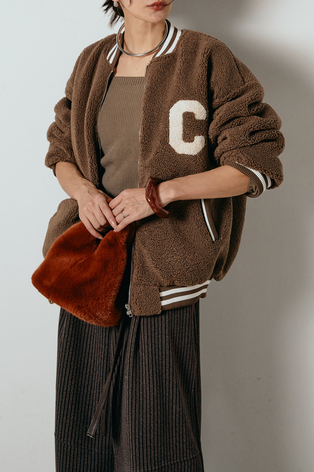 [SET]ロゴスタジャンボアブルゾン+レザーライク配色ストライプパンツ(2set)