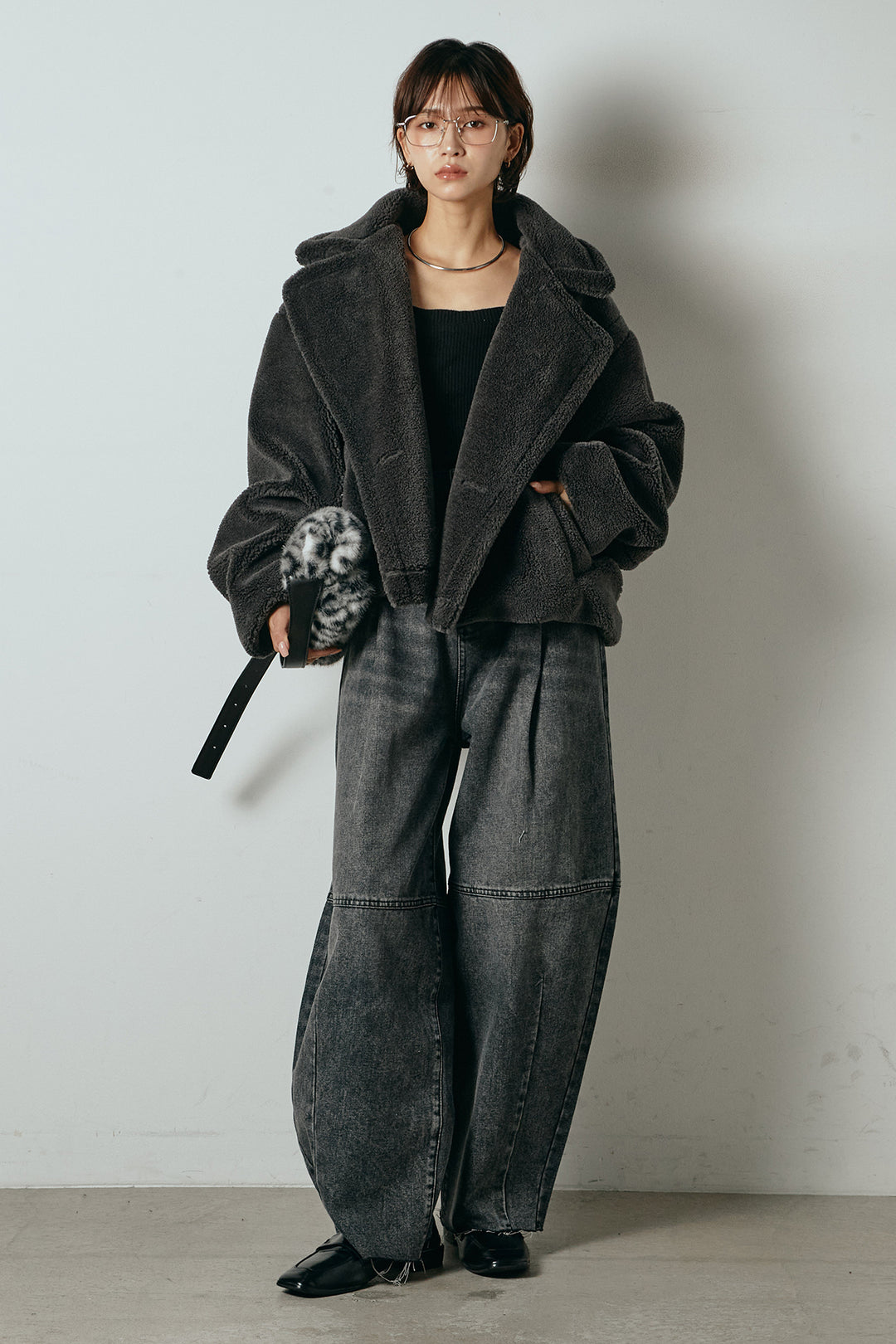 【2月中旬発送】
[SET]テディボアショートジャケット+加工デニムタックコクーンワイドパンツ(2set)