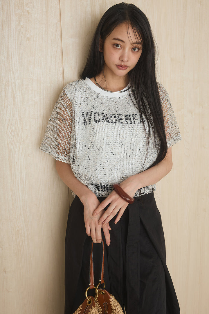 [SET]メッシュレイヤードロゴT+前結びタックワイドパンツ(2set)