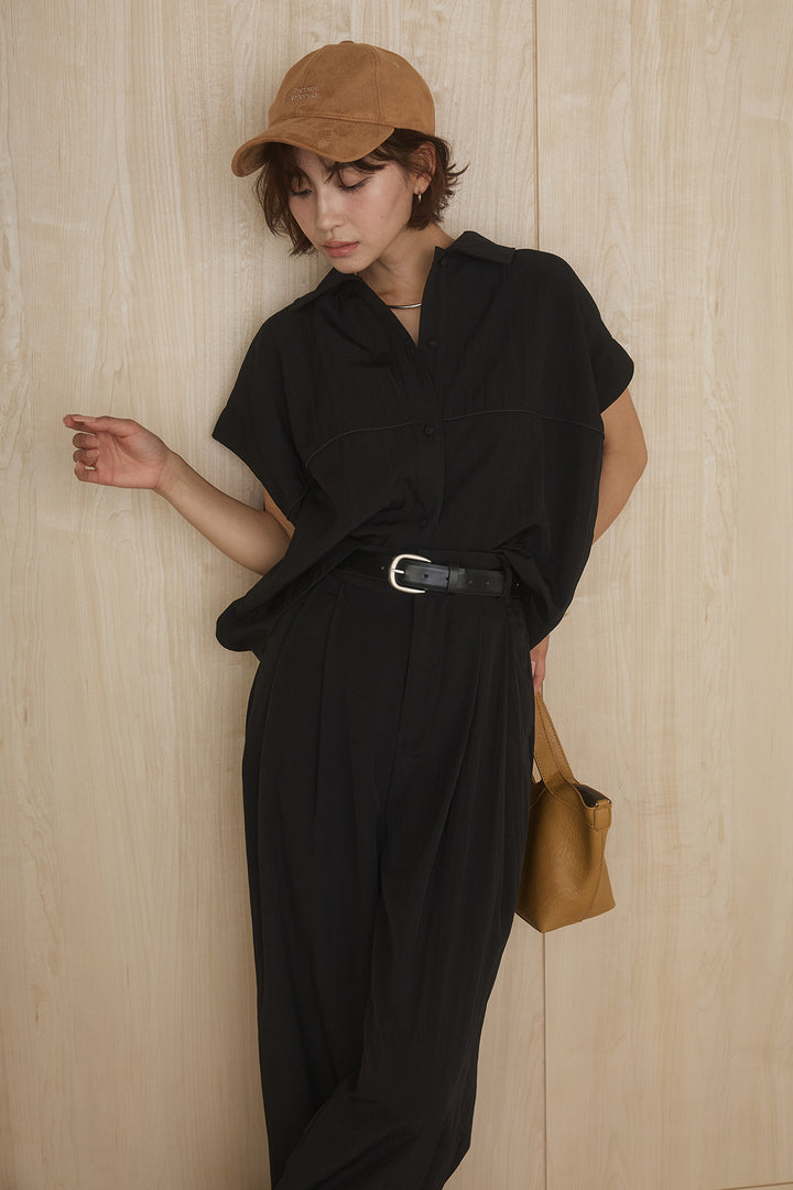 [SET]リネンライクランタンノースリシャツ+リネンライク2タックワイドパンツ(2set)