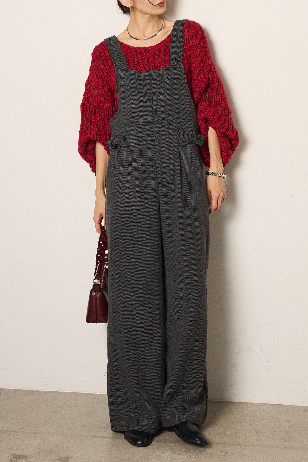 [SET]チャンキースラブニットクロップドプルオーバー+クラシックヘリンボーンサロペット(2set)