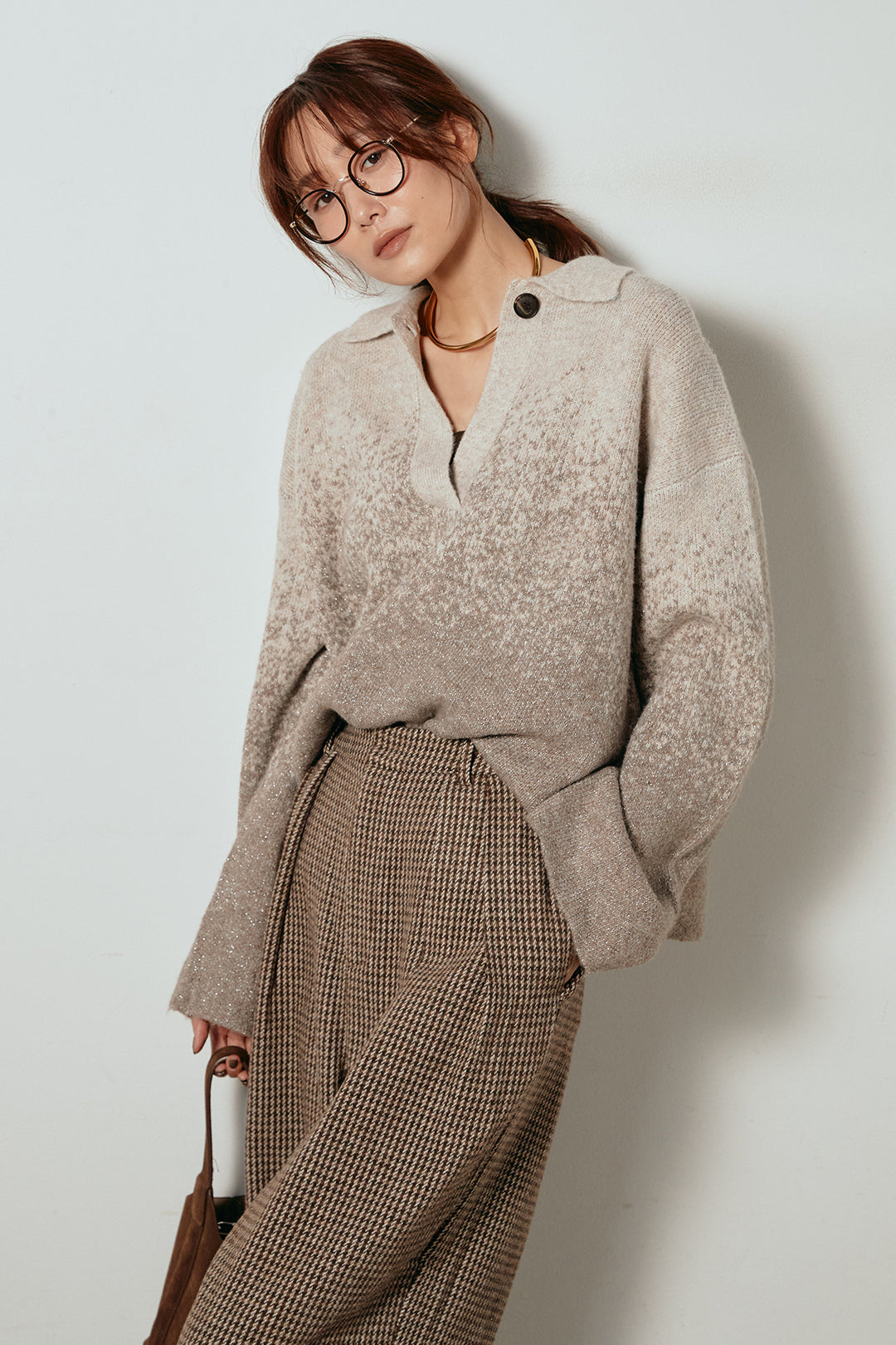 [SET]グラデーションラメニットキーネックプルオーバー+ガンクラブチェックタックパンツ(2set)