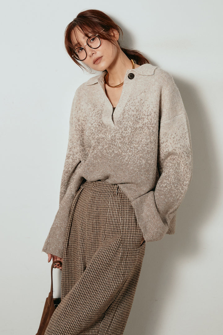 [SET]グラデーションラメニットキーネックプルオーバー+ガンクラブチェックタックパンツ(2set)