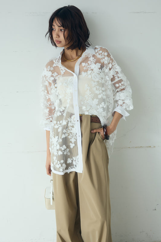 【着回しセット】[SET]リサイクルポリニュアンス釦カーデ+立体フラワー刺繍レースシャツ+ベルトループデザインハイウエストタックパンツ(3set)
