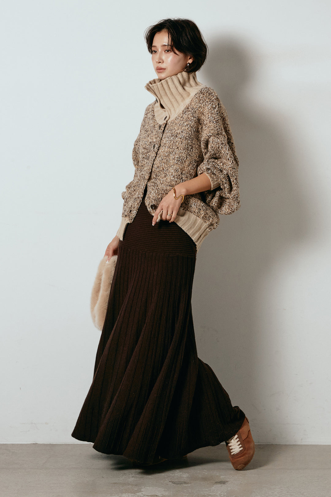 [SET]ハイネックミックスニットカーディガン+編み地切り替えフレアニットスカート(2set)