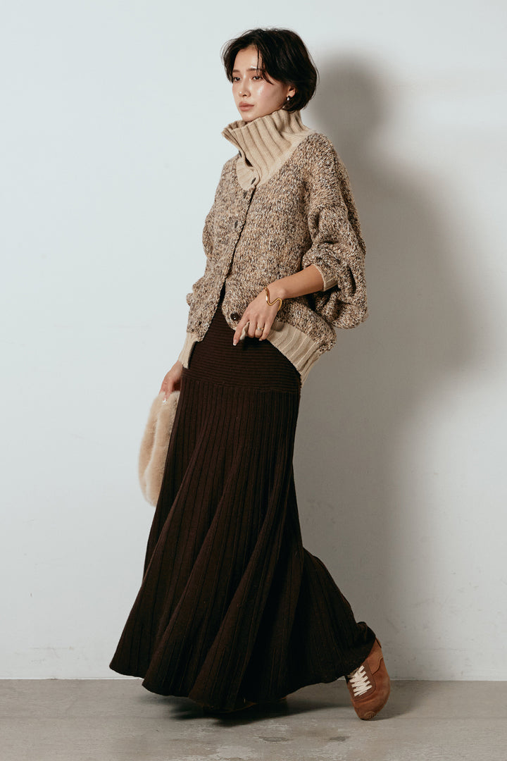 [SET]ハイネックミックスニットカーディガン+編み地切り替えフレアニットスカート(2set)