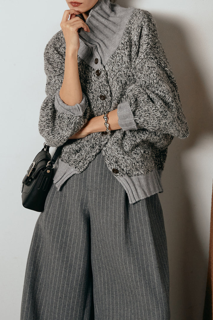 [SET]ハイネックミックスニットカーディガン+ウールライクストライプパンツ(2set)