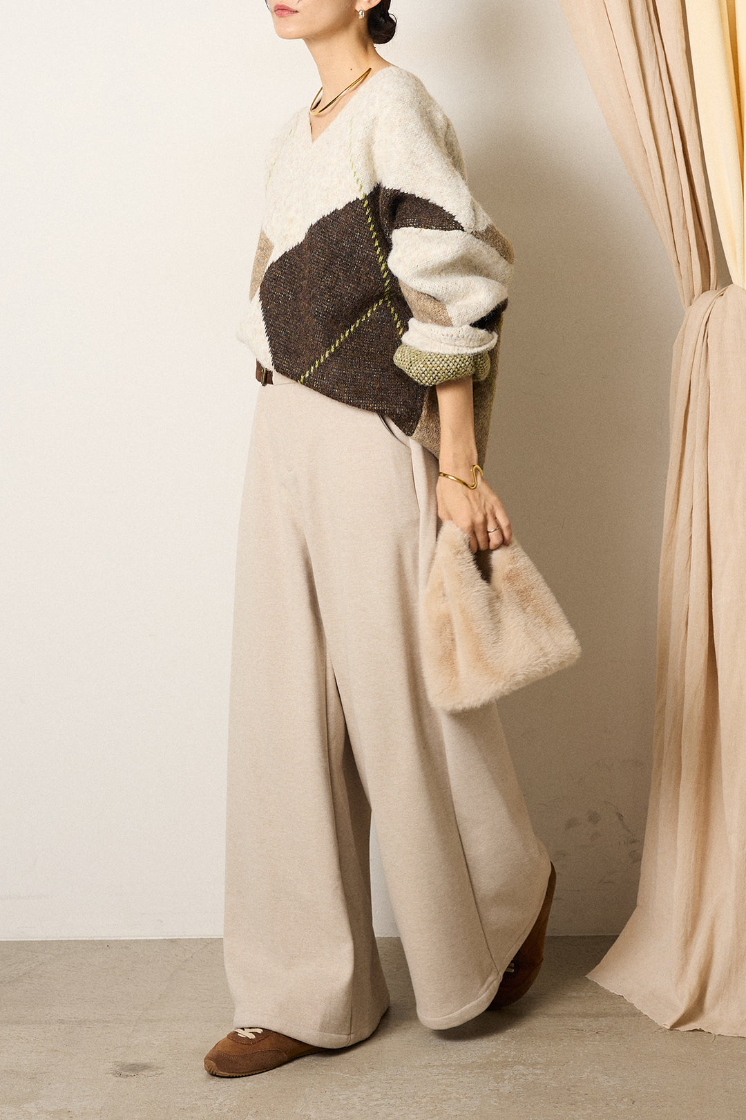 [SET]ルーズアーガイルVネックニット+サイドベルトパンツ(2set)