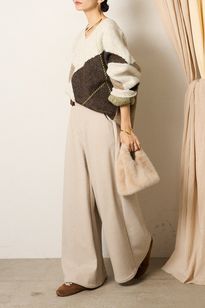 [SET]ルーズアーガイルVネックニット+サイドベルトパンツ(2set)