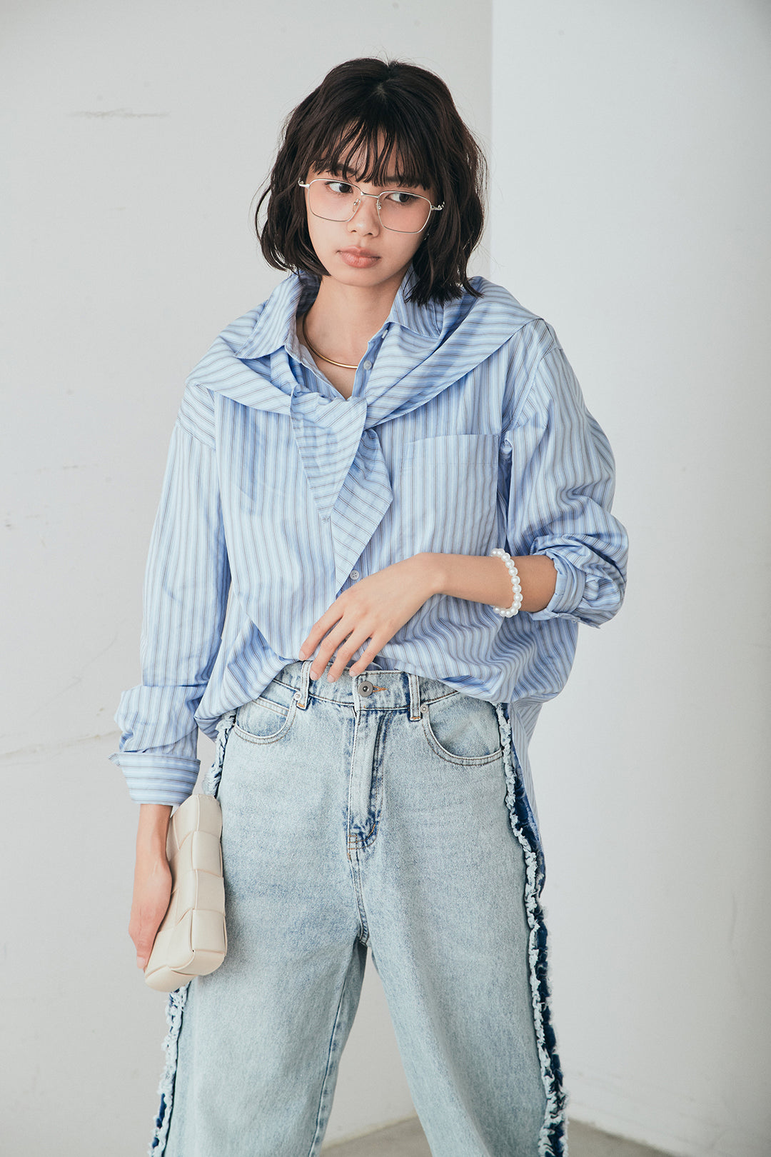 [SET]ランダムストライプスカーフ付きシャツ+デニムサイドフリルパンツ(2set)