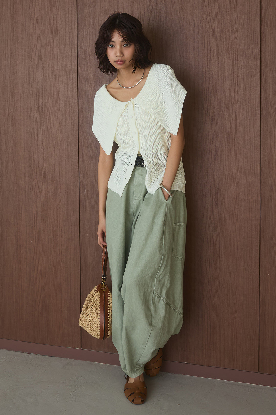 [SET]ビッグカラーボタンニットトップス+ベルト付きカラーデニムパンツ(2set)