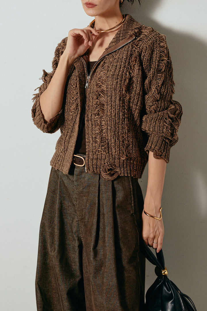 [SET]ハイネックフリンジジップニットトップス+フロントタック入りコーデュロイパンツ(2set)