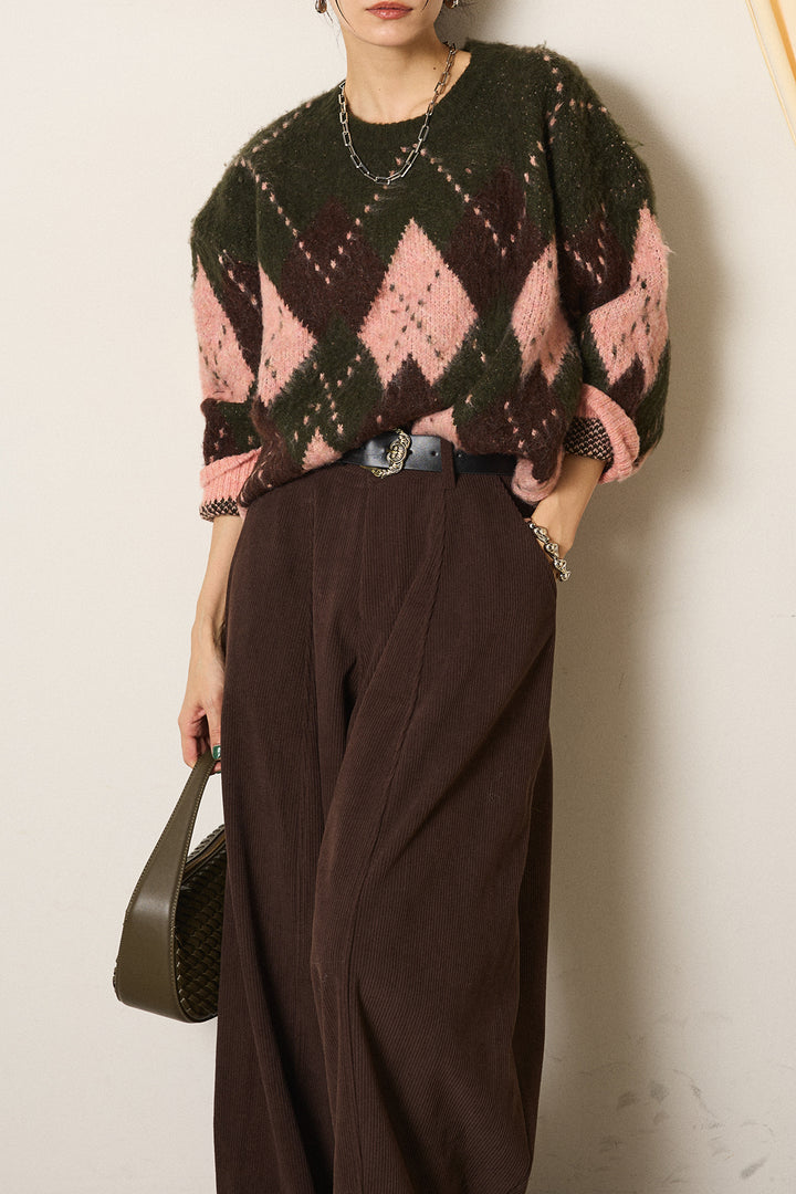 [SET]配色アーガイル柄ニットトップス+ベルト付きコーデュロイワイドパンツ(2set)