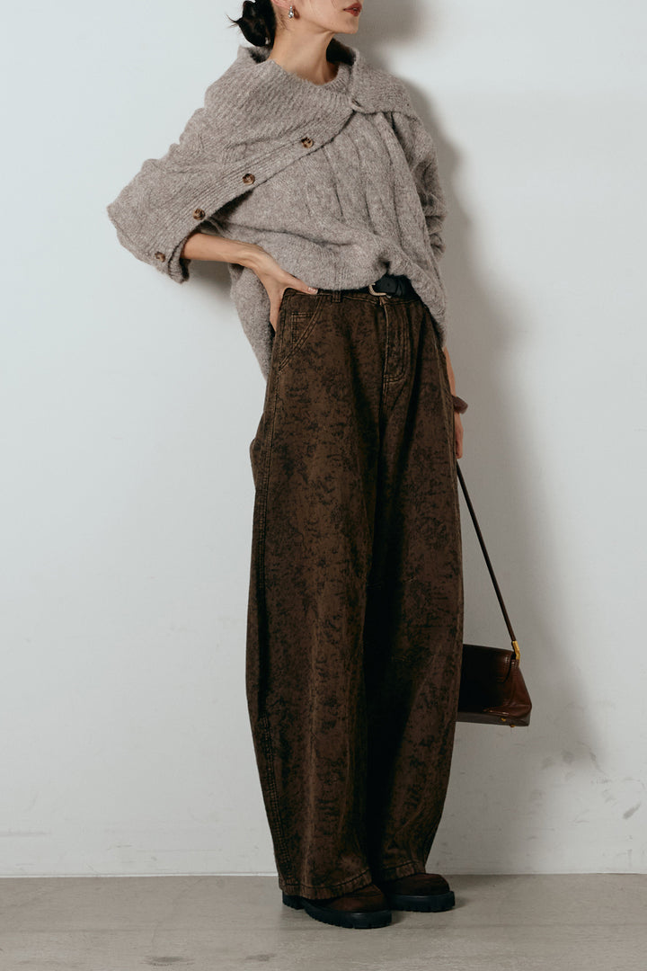 [SET]ケープデザインケーブルニットトップス+ベルト付きニュアンス柄カーブワイドパンツ(2set)